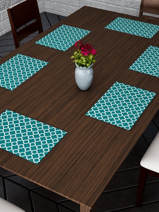 Set Of 6 Teal Blue Printed Table Mats