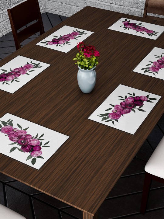 Set Of 6 Pink & White Floral Printed Table Mats