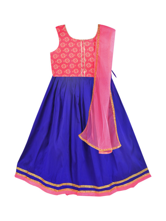 Girls Pink & Blue Printed Ready to Wear Lehenga & Blouse with Dupatta