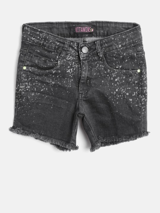 Girls Black Printed Regular Fit Denim Shorts 10-11Y