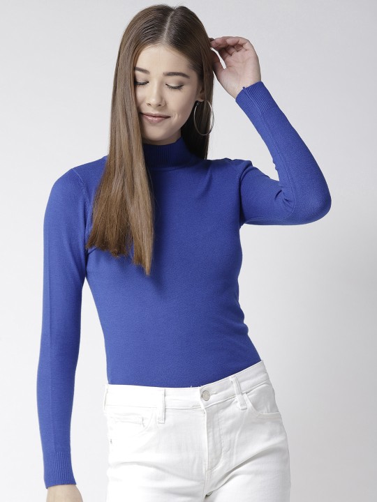 Women Blue Solid Pullover S