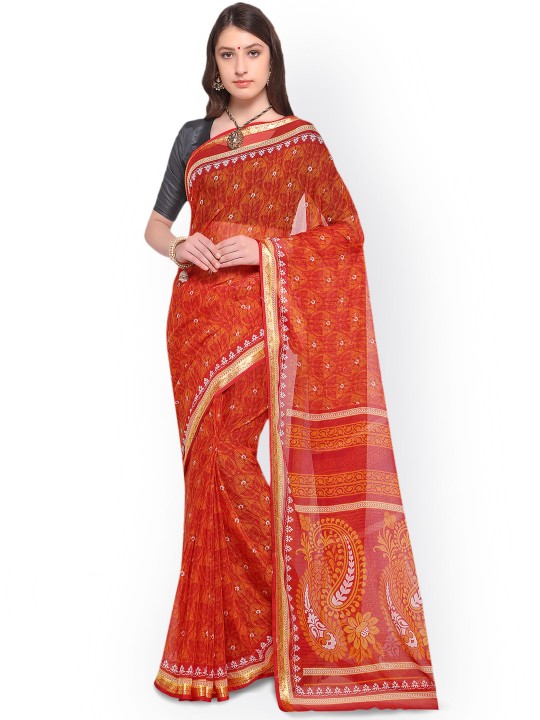 Red Printed Poly Georgette Saree