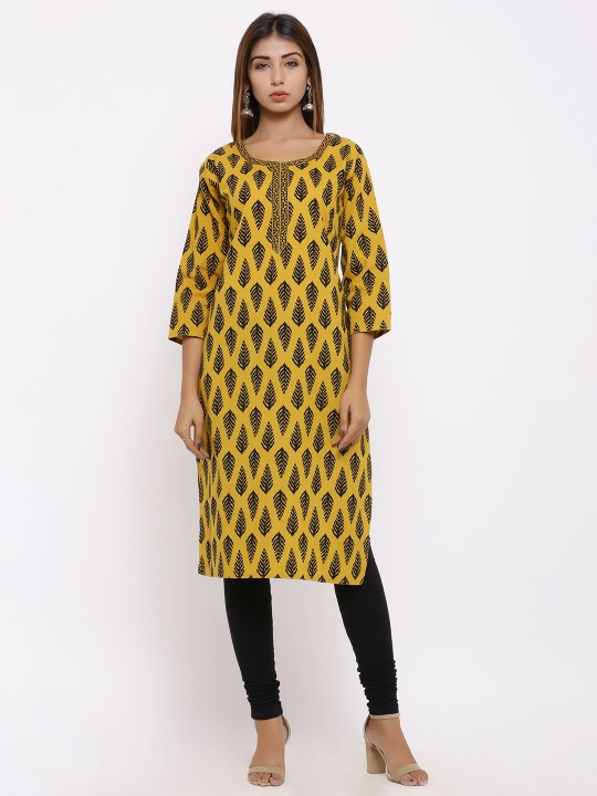 Women Yellow & Black Printed Straight Kurta M
