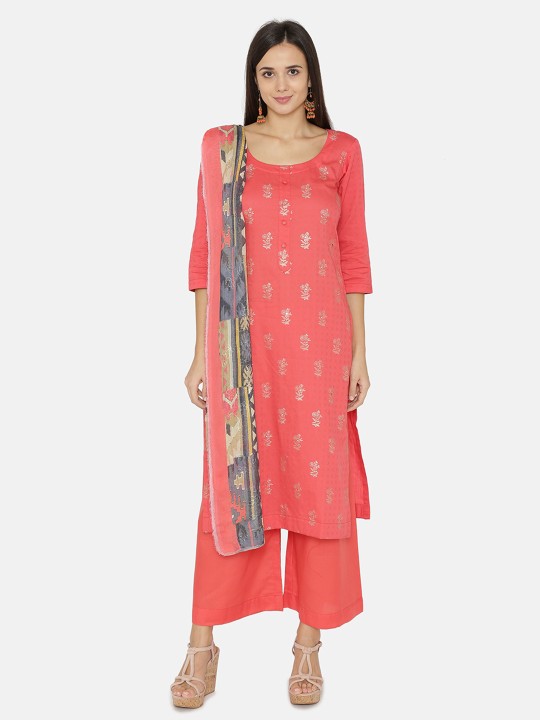 Women Pink & Grey Printed Kurta with Palazzos & Dupatta S