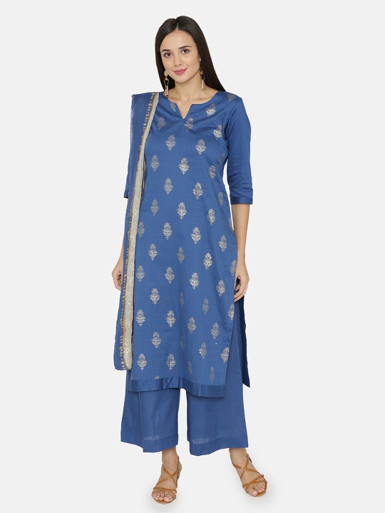 Women Blue & Embroidered Kurta with Palazzos & Dupatta S