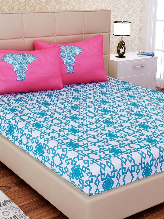 White Abstract Flat 180 TC Cotton Double Bedsheet with 2 Pillow Covers