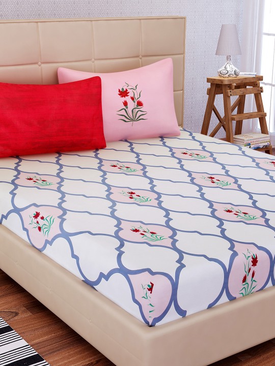 White & Blue Flat 210 TC Cotton Double Bedsheet with 2 Pillow Covers