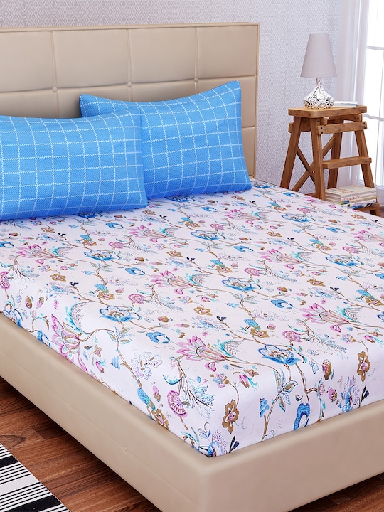 White & Blue Flat 180 TC Cotton Double Bedsheet with 2 Pillow Covers