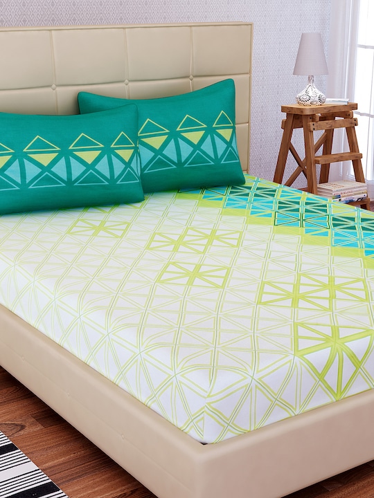 Off-White Geometric Flat 144 TC 1 Double Bedsheet 2 Pillow Covers