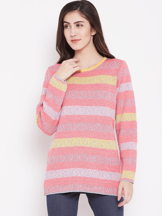 Women Pink & Blue Self-Design Pullover M