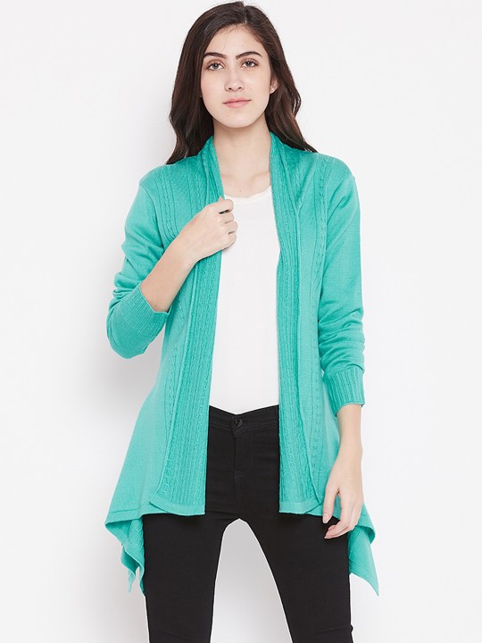 Women Sea Green Self Design Front-Open Sweater M