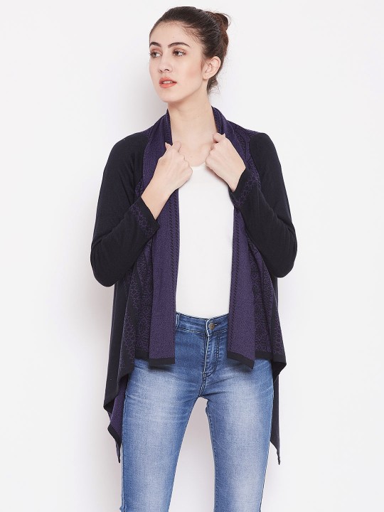 Women Black & Purple Self Design Front-Open Sweater M