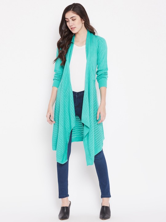 Women Sea Green Open Knit Front-Open Sweater M