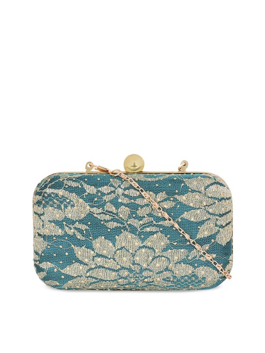 Blue & Gold-Toned Printed Clutch