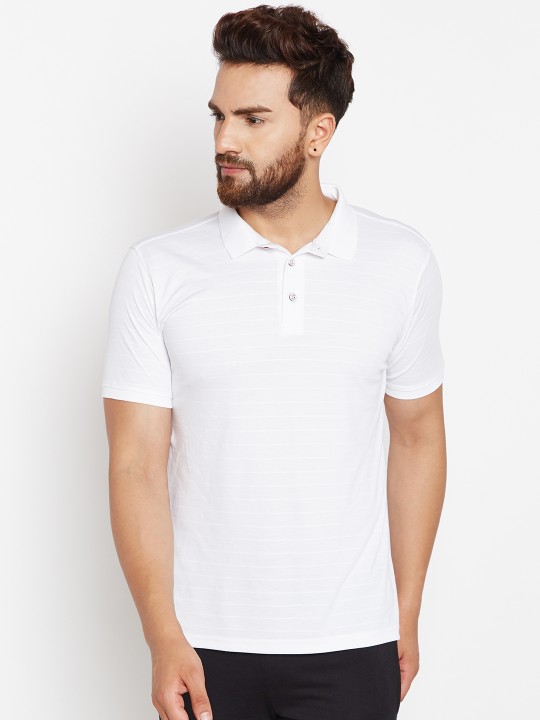 Men White Solid Polo Collar T-shirt XS