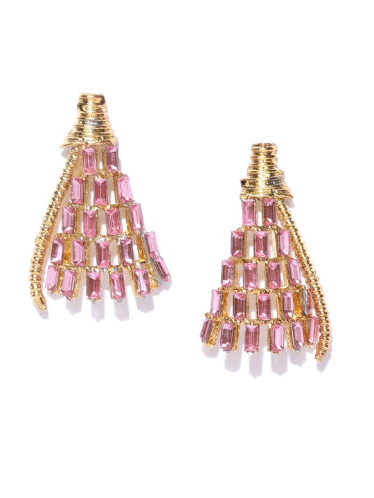Pink Gold-Plated Stone-Studded Triangular Drop Earrings