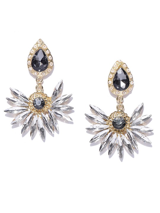 Black Gold-Plated Stone-Studded Contemporary Drop Earrings