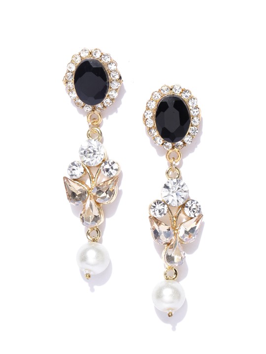 Black Gold-Plated Stone-Studded Contemporary Drop Earrings