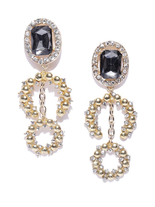 Black Gold-Plated Stone-Studded Geometric Drop Earrings
