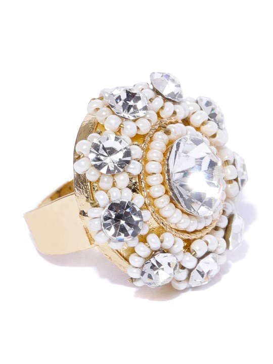 Women Gold-Toned & Off-White Stone-Studded Adjustable Finger Ring