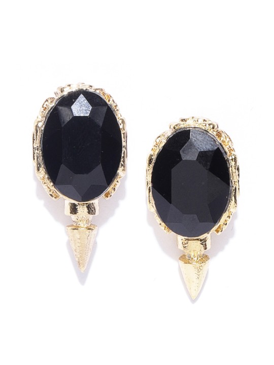 Black Gold-Plated Stone-Studded Oval Oversized Studs