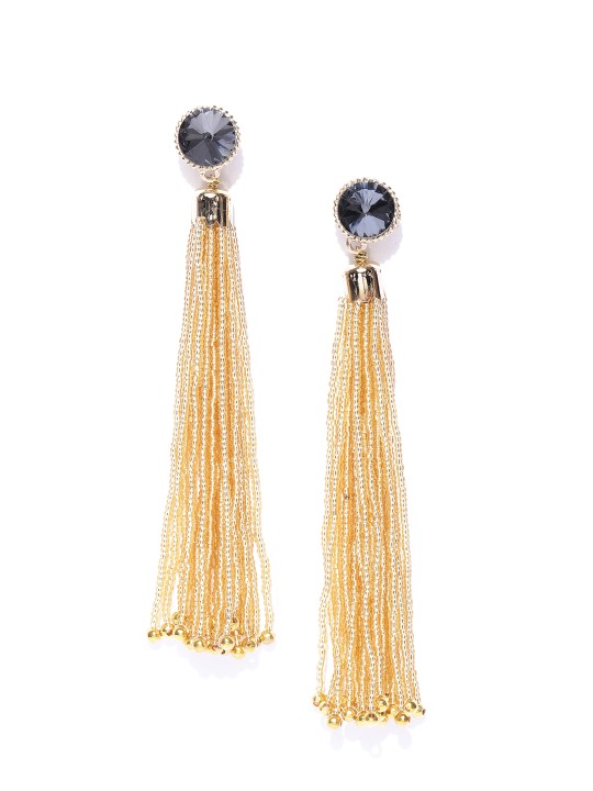 Navy Gold-Plated Beaded Tasselled Drop Earrings