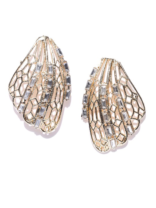 Gold-Plated Stone-Studded Contemporary Drop Earrings