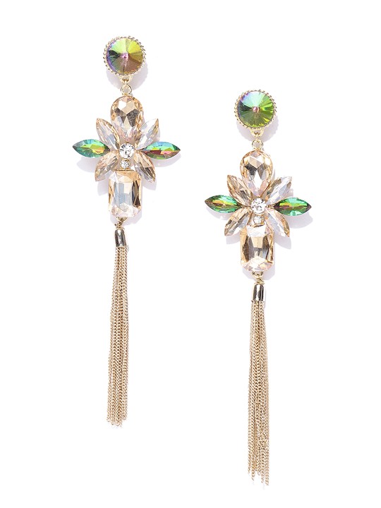 Green Gold-Plated Stone-Studded Tasselled Drop Earrings
