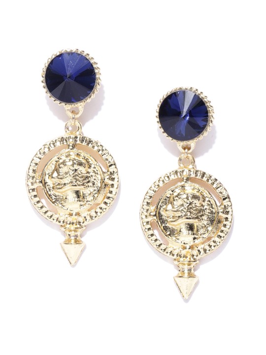 Navy Blue Gold-Plated Stone-Studded Circular Drop Earrings