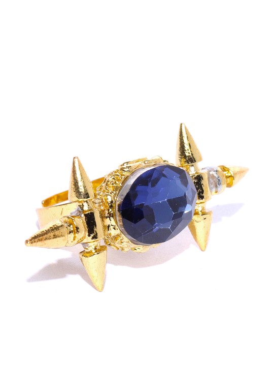 Women Gold-Toned & Navy Stone-Studded Adjustable Finger Ring