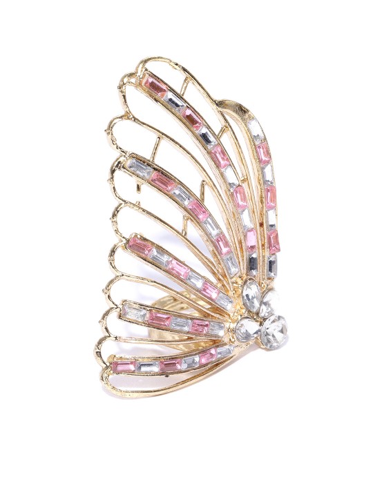 Women Gold-Toned & Pink Stone-Studded Wing-Shaped Adjustable Finger Ring