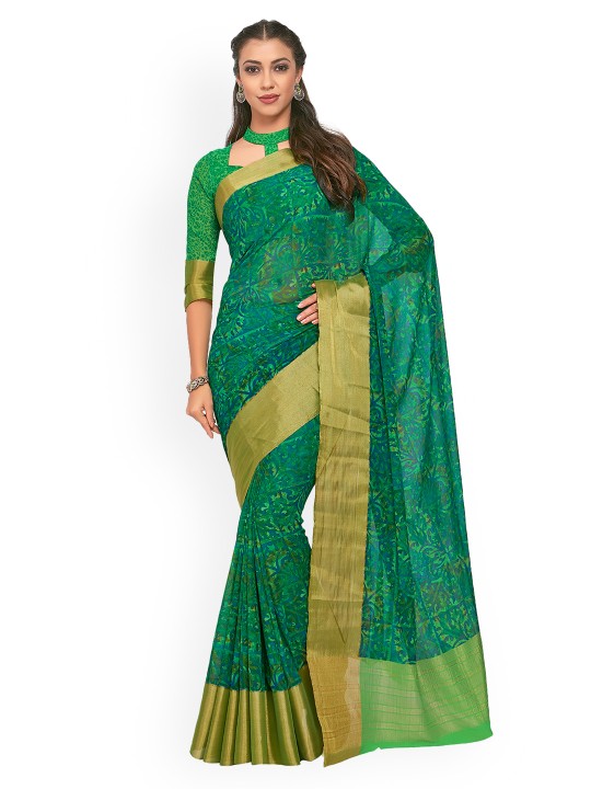 Women Green Poly Chiffon Printed Ikat Saree