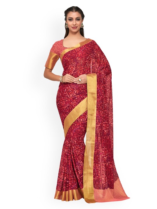 Women Pink Poly Chiffon Printed Ikat Saree