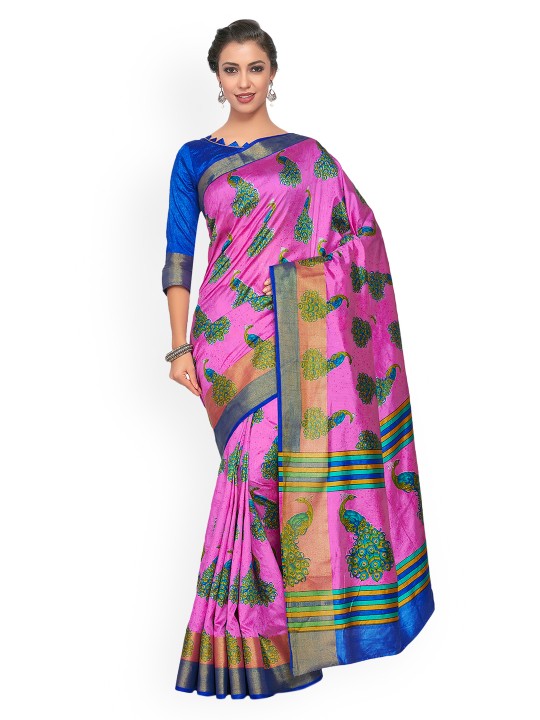 Women Pink Art Silk Printed Ikat Saree