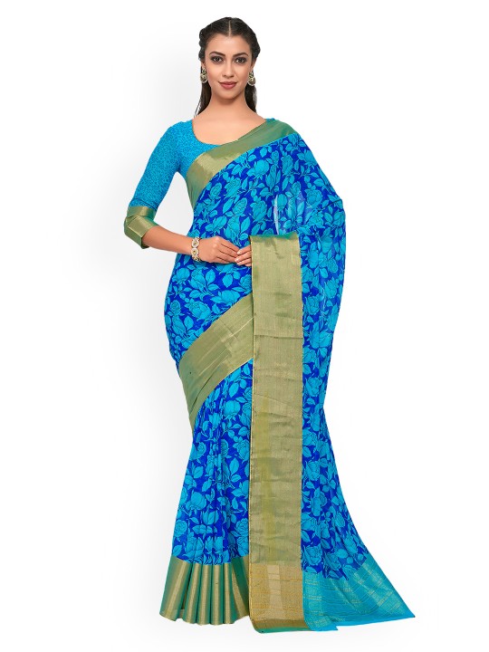 Women Blue Poly Chiffon Printed Saree