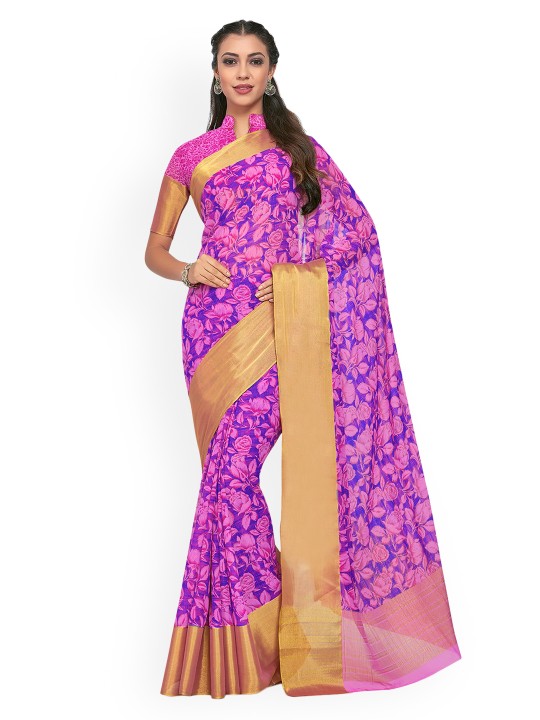 Women Pink Poly Chiffon Printed Ikat Saree