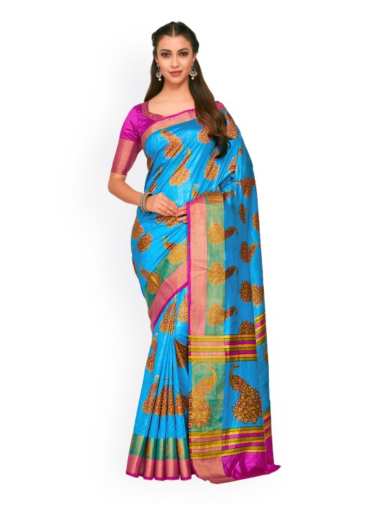 Women Blue Art Silk Printed Ikat Saree