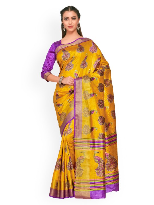 Gold-Toned Art Silk Printed Ikat Saree