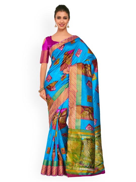 Women Blue Art Silk Printed Ikat Saree