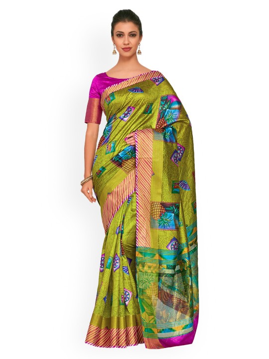 Women Olive Green Art Silk Printed Ikat Saree