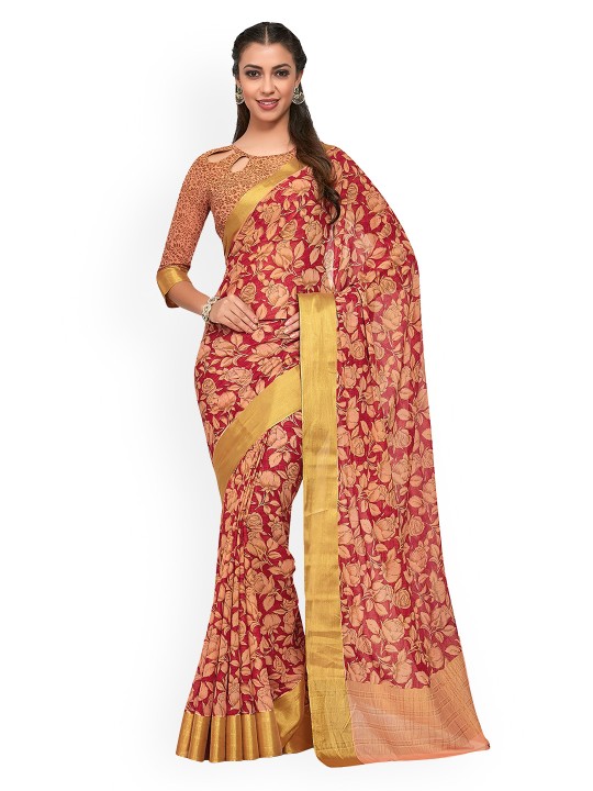 Pink Poly Chiffon Printed Ikat Saree