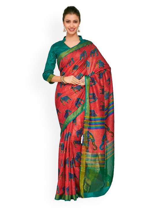 Coral Printed Art Silk Kalamkari Saree