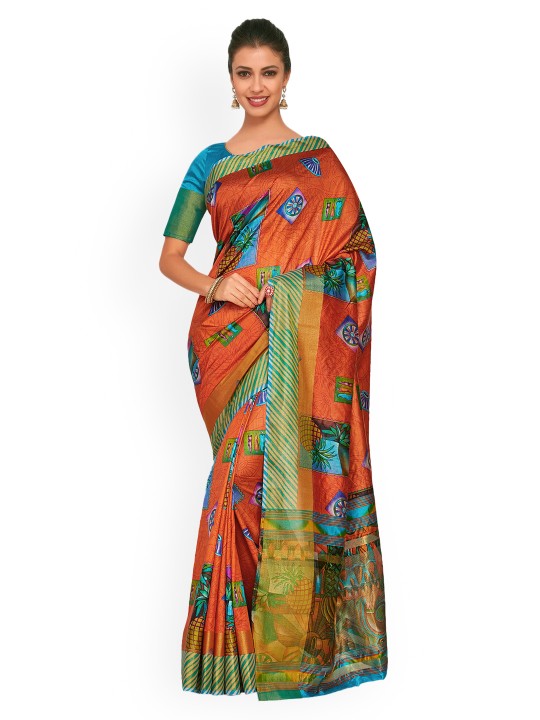 Women Rust Art Silk Printed Ikat Saree