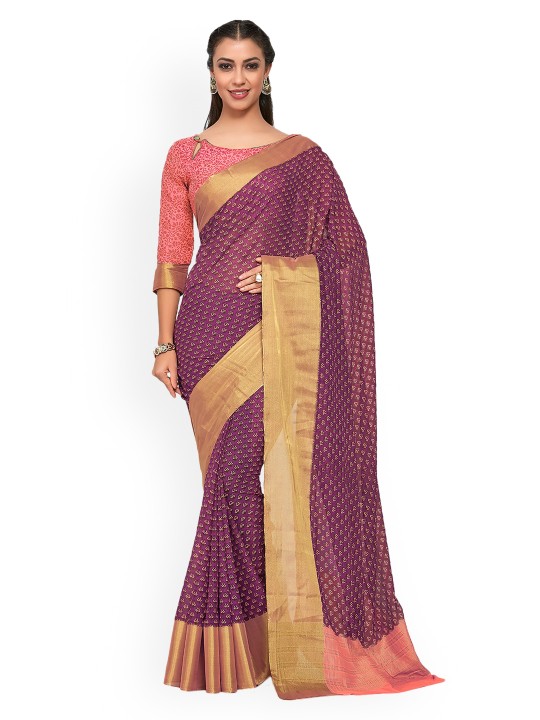 Women Mauve Poly Chiffon Printed Ikat Saree