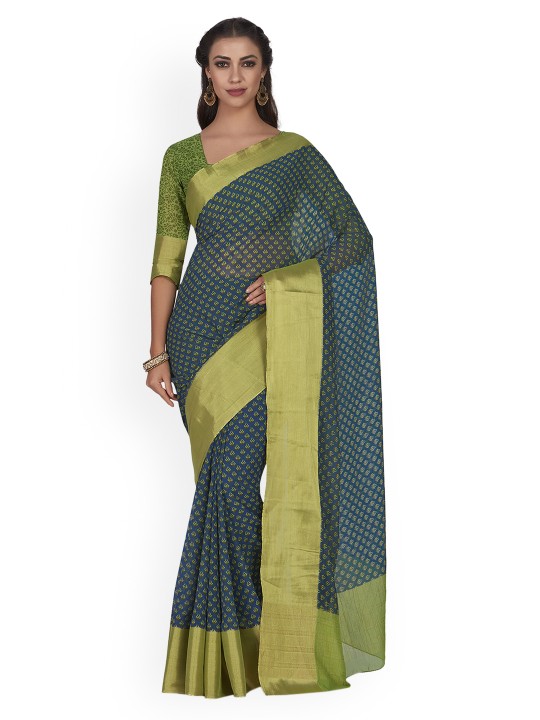 Teal Blue & Green Poly Chiffon Printed Ikat Saree