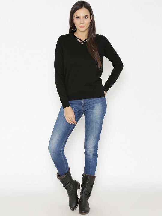 Women Black Solid Pullover Sweater XS