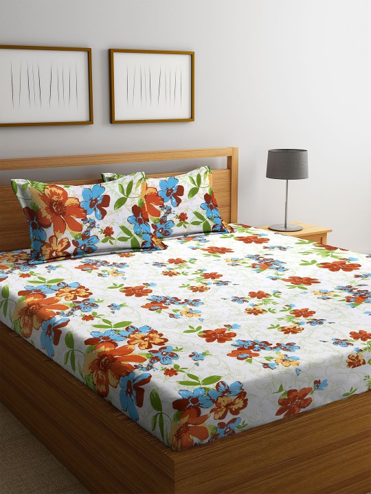 White & Coral Flat 144 TC Cotton 1 Double Bedsheet with 2 Pillow Covers