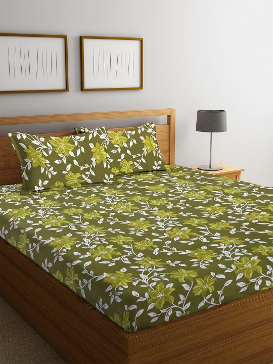 Green Floral Flat 144 TC Cotton 1 Double Bedsheet with 2 Pillow Covers