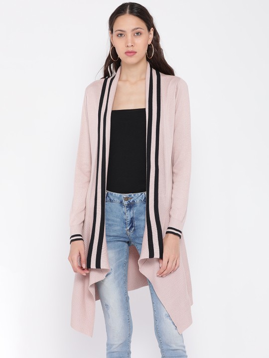 Women Beige Self Design Longline Front-Open Sweater XS