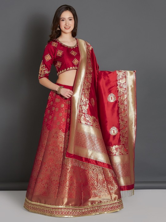 Red Embroidered Semi-Stitched Lehenga & Unstitched Blouse with Dupatta
